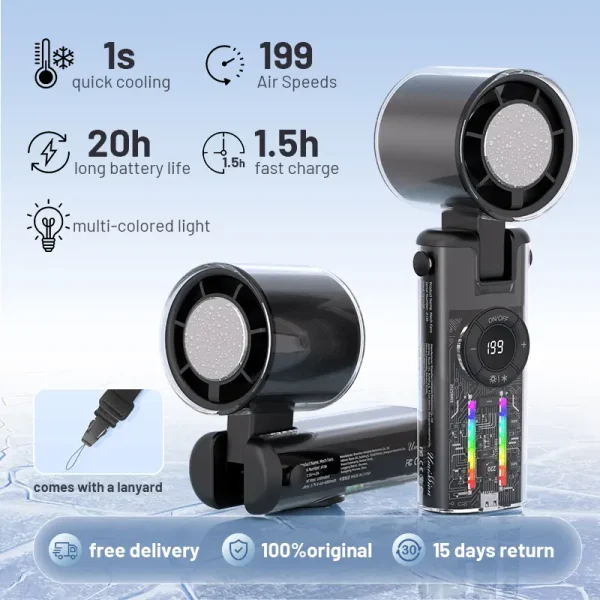 Kipas Turbo Pegang Tangan Berkelajuan Tinggi Mudah Alih, Lebat, 1S Mod ais, LED, 199 Tahap Kelajuan Boleh Laras, Kipas Mini Mudah Alih, Fleksibel 180 , Cahaya Sejuk selama 20H, 4000mAh, Kipas Tangan dengan Aircond