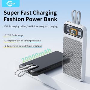 Yisen Mechanical Power Bank Super Fast Charging 22.5W PD20W Led Digital Display With 2 Cable Portable Dual Input For iPhone Huawei