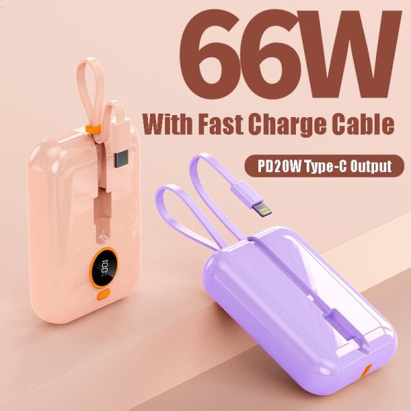 Yisen 20000mAh 66W PD Fast Charging Power Bank Built in Type-C Cable Portable Charger External Battery Pack For iPhone Huawei