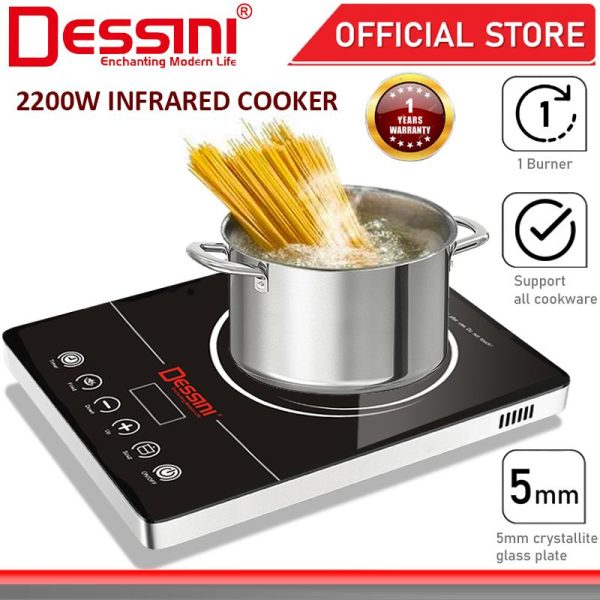 DESSINI ITALY Infrared Ceramic Cooker Hob Touch Control Panel 1 Burner Cooktop Tabletop Multi Pots Tempered Glass Stove
