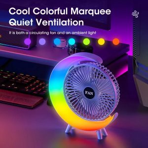 bugu Colorful Light Portable Desktop Fan USB Rechargeable 180 Degree 3-Speed ​​Strong Wind Rainbow Long-lasting Desk Fan