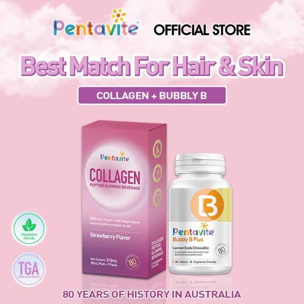 [Best Match for Hair and Skin] (Pentavite Vitamin B + Collagen Peptide Glowing) Reduces signs of aging & Supports skin recovery