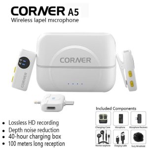 Mikrofon Wayarles A5, CORNER 3 DALAM 1, Khusus untuk Radio Anchor, Sesuai untuk iPhone / Android / Komputer, 2 Mikrofon Lapel LED Mini, Bisu / Gema / Kelembapan / Pengurangan Bunyi, Kotak Pengecasan 40 Jam, Sesuai untuk Rakaman TikTok / YouTube / Vlog