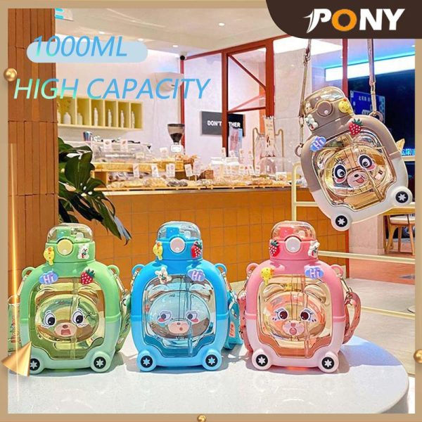 PONY MALL Cute Bear Water Bottle 1000ml Double Drinking Cups Plastic Cup Bear Large Capacity Portable bottle With Strap