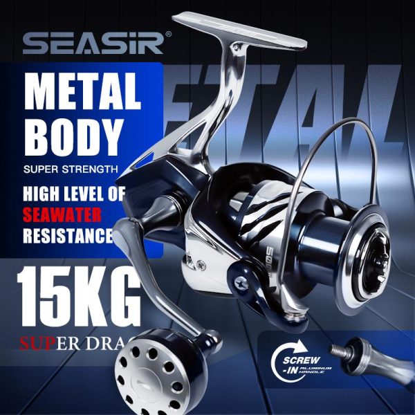 SEASIR Contra spinning reel all metal body Screw-in handle power handle Kekili pancing berputar Semua Logam, 2000-6000, 5.2: 1, seret maksimum 15KG / 33LB, pemegang kuasa aluminium, pad brek karbon, gegelung ikan besar air laut Reel Equipment Fishing