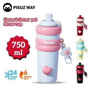 Cawan Termos Pelapik Seramik, Kapasiti 750ml, Cawan Termos Gergasi, Pisuz Way, Ketibaan Baru pada 2024, Sesuai untuk Kanak-kanak Perempuan, Pelajar Bernilai Tinggi, Kapasiti Besar, Cawan Straw Mudah Alih