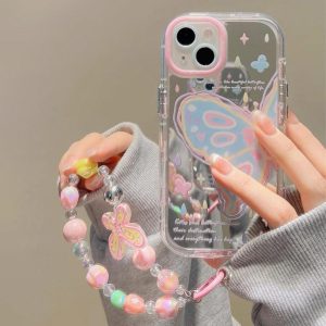 Sarung Telefon Cermin Solek Rama-rama, Reka Bentuk Korea, dengan Lanyard, Serasi dengan iPhone 11, 16, 15, 14, 13, 12, Pro, Xs Max, XR, X, 6, 6s, 7, 8 Plus, Sarung Korea, Penutup Belakang Pelindung Kalis Kejutan