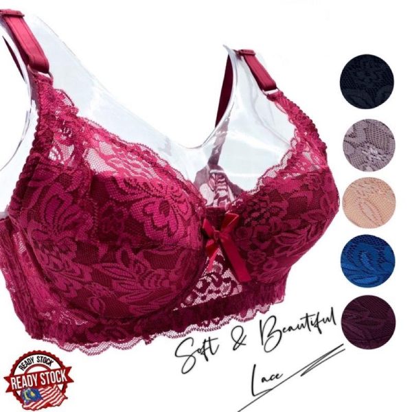 Bras Women With Wired Full Lace 34-44 Cup B Soft Material 2Hook Wired Bra Baju Dalam Wanita Berdawai