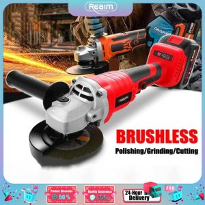 【REAIM】Powerful Cordless Brushless Angle Grinder Polishing Grinding Cutting Wood Metal Cutter Power Tool One Year Warranty Tools Machine Battery gerinda makita original Motor grinders battery grander power tools set angle grinders autograph