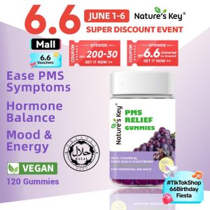 [Promote] Nature's Key PMS Gummies, membantu mengurangkan perubahan mood dan sakit perut semasa haid, meningkatkan mood dan tenaga, mengandungi Vitamin B6, 120 biji. multivitamin women