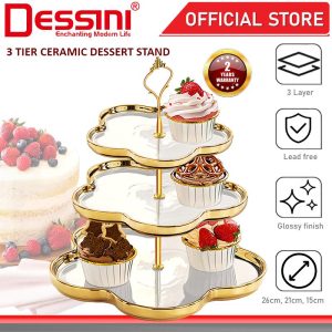 DESSINI ITALY 3 Tier Ceramic Dessert Stand Tower Cake Display Rack Snack Platter Fruit Bowl Party Serving Tray Plate