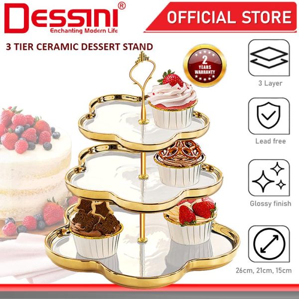 DESSINI ITALY 3 Tier Ceramic Dessert Stand Tower Cake Display Rack Snack Platter Fruit Bowl Party Serving Tray Plate