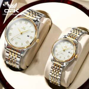 OPK Jam Couple Set Murah Ori untuk Wanita dan Lelaki Fesyen Baharu Kalis Air Asal Gaya Korea Baharu Reka Bentuk Mudah Kotak Hadiah Mewah Rotundity Bahan logam dalam stok Warna berbilang Ada kotak Ada alat Pejabat parti pemberian hadiah Watches