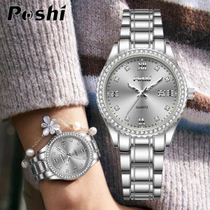 Jam Tangan Wanita, POSHI Asli, Fesyen Baru, Berkilau, dengan Kalendar, Berlian, Kalis Air, Keluli Tahan Karat, Pergerakan Kuarza, untuk Wanita