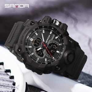 Jam Tangan Lelaki, AW24 SANDA 6198, Pelbagai fungsi, Fesyen, Sesuai untuk Berenang Luaran, Cahaya, Sukan, Tahan Kejutan, Tiga Paparan, Kalis Air