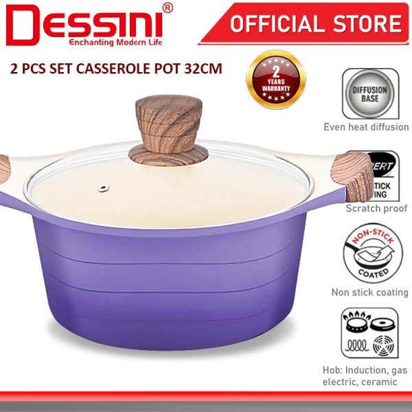 DESSINI ITALY XWB-32 Die Cast Aluminium Non Stick Casserole Pot Bowl Deep Fry Pan Induction Cookware PERIUK (32cm)
