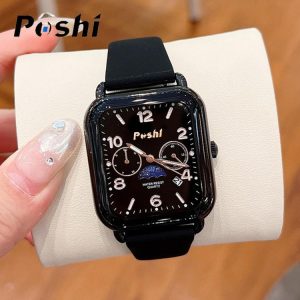 Jam tangan persegi fesyen POSHI untuk wanita, tali silikon yang elegan, kalis air, kuarza