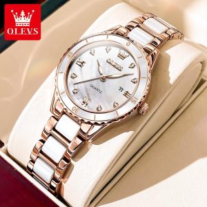 OLEVS Jam Tangan Perempuan for Wanita Original Waterproof Luminous Ceramics Strap Rose Gold White Black with Box 9985 Watches Rotundity Material Metal+keramik dalam stok Warna berbilang Parti pemberian hadiah Garanti 1 tahun