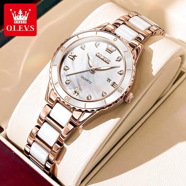 OLEVS Jam Tangan Perempuan for Wanita Original Waterproof Luminous Ceramics Strap Rose Gold White Black with Box 9985 Watches Rotundity Material Metal+keramik dalam stok Warna berbilang Parti pemberian hadiah Garanti 1 tahun
