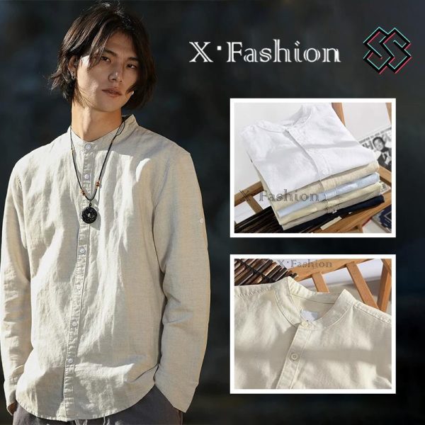 Kemeja Linen Kapas, Kolar Berdiri, Saiz M-4XL, Untuk Lelaki, Kasual dan Ringkas, Lengan Panjang, Longgar dan Nipis, Bernafas, Sesuai untuk Belia, 913