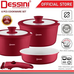 DESSINI ITALY 6 PCS Detachable Handle Induction Casserole Aluminium Pot Non Stick Frying Pan Wok Bowl Cookware PERIUK