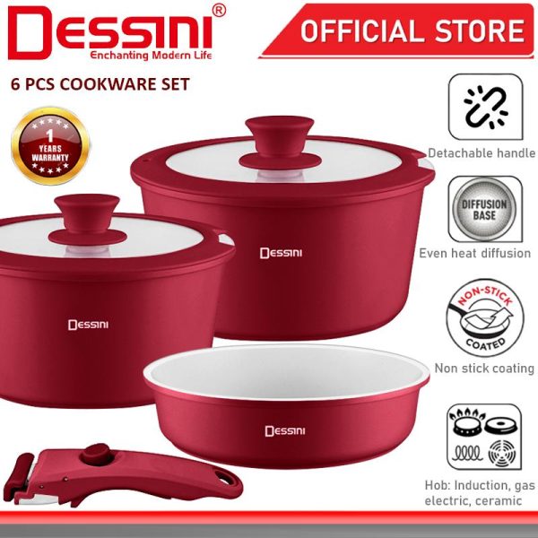 DESSINI ITALY 6 PCS Detachable Handle Induction Casserole Aluminium Pot Non Stick Frying Pan Wok Bowl Cookware PERIUK