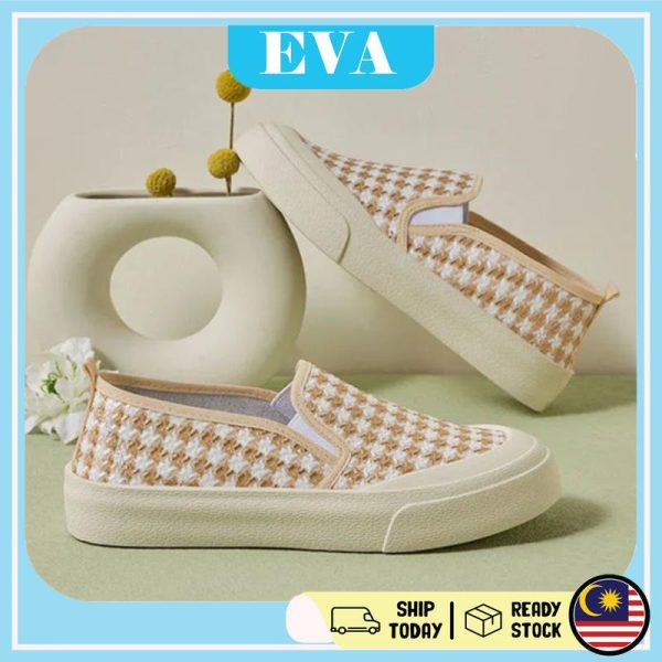 READY STOCK EVA New Fashion Houndstooth Version Women's Shoes Canvas Shoes Comfortable Slip-on Wanita