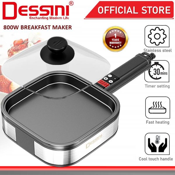 DESSINI ITALY Electric BBQ Grill Steak Frying Pan Teppanyaki Barbecue Non-Stick Pancake Breakfast Maker Baking Pot Timer