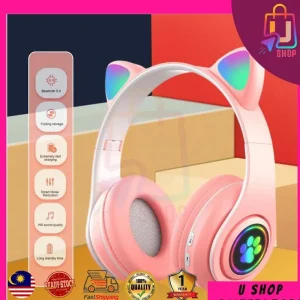 ushop123 READY STOCK Cute Cat-ear Gaming Headphone Wireless 5.0 Bluetooth Headphone Colorful LED Light Headset Headfon with Microphone Audio Earphones