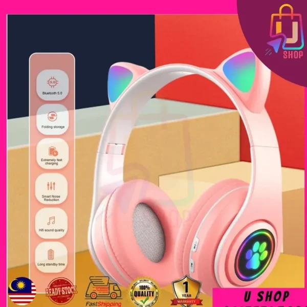 ushop123 READY STOCK Cute Cat-ear Gaming Headphone Wireless 5.0 Bluetooth Headphone Colorful LED Light Headset Headfon with Microphone Audio Earphones