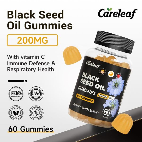 Gummies Minyak Biji Hitam, Careleaf, Dengan Vitamin C, Vegan, Halal, Bukan GMO, Bebas Gluten, 60 Gummies / Botol, Menyokong Imuniti dan Kesihatan Pernafasan