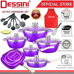 DESSINI ITALY WSB-23-S Die Cast Aluminium Non Stick Casserole Pot Bowl Double Side Grill Pan Cookware PERIUK (23 Pcs)