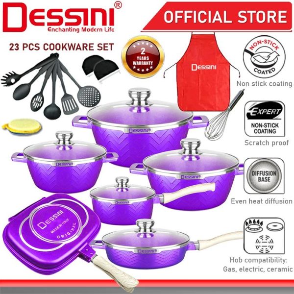 DESSINI ITALY WSB-23-S Die Cast Aluminium Non Stick Casserole Pot Bowl Double Side Grill Pan Cookware PERIUK (23 Pcs)