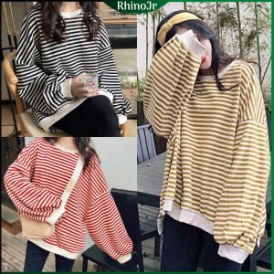 TS28 Rhino Women's Korean Casual Round Neck Long Sleeve Striped Loose Sweatshirt