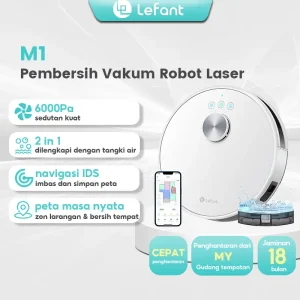 Lefant M1 Robot Vacuum Cleaner Pembersih Vakum dan Robot Mop, Pembersihan Tiada Zon, Serasi Alexa / Aplikasi, Sesuai untuk Pembersihan Kayu Keras, dengan Navigasi Lidar, Sedutan 6000Pa, Masa Jalan 150 minit, Peta Masa Nyata