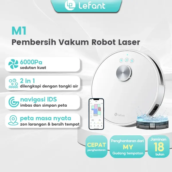 Lefant M1 Robot Vacuum Cleaner Pembersih Vakum dan Robot Mop, Pembersihan Tiada Zon, Serasi Alexa / Aplikasi, Sesuai untuk Pembersihan Kayu Keras, dengan Navigasi Lidar, Sedutan 6000Pa, Masa Jalan 150 minit, Peta Masa Nyata