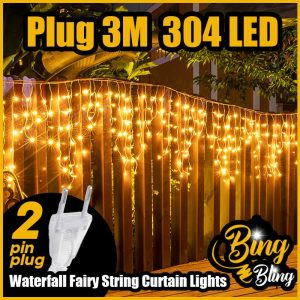 【Bing Bling】Plug 3M 304 LED 2025 Lampu Raya String Light Window Curtain Icicle Light Icicle String Light For Hari Raya Decoration Lampu Raya Terjuntai Lip Lap Kelip Kelip2 Klip Klip2