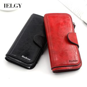 Dompet Syiling, IELGY, untuk Wanita, Panjang, Rekaan Ringkas, Diperbuat daripada Kulit Lilin, Warna Pepejal Selempang