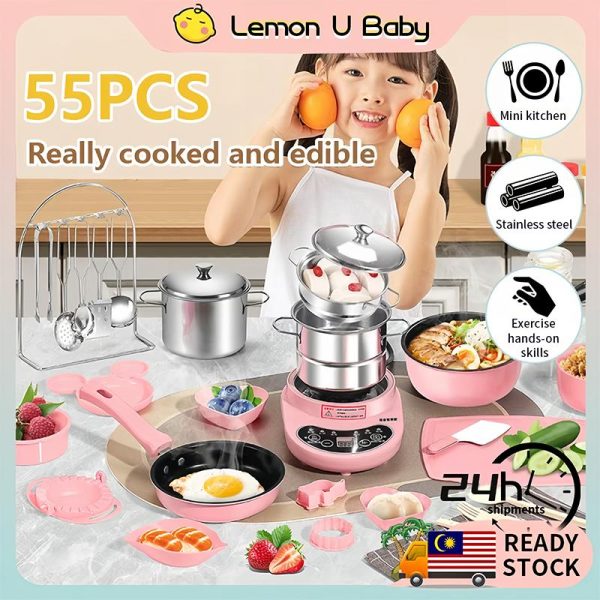 55pcs Real Cook Pretend Mini Toys Kitchen Set Children's Cooking Toys Kids Educational Play House Toys Kitchenware Set