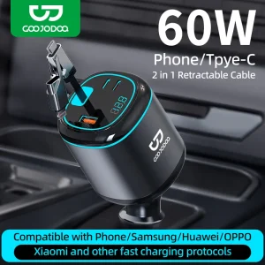 GOOJODOQ 2 IN 1 / 4 IN 1 Car Charger | LED Digital Display 60W Fast Charging Lightning Type-C Port Charger Adapter | Adjustable Angle Multidevice Cable for Cars | Compatible with Android IOS Tablet iPad Laptop Macbook