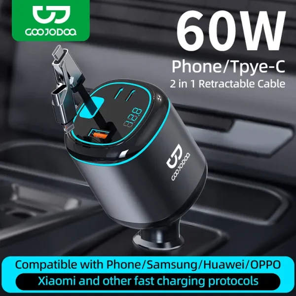 GOOJODOQ 2 IN 1 / 4 IN 1 Car Charger | LED Digital Display 60W Fast Charging Lightning Type-C Port Charger Adapter | Adjustable Angle Multidevice Cable for Cars | Compatible with Android IOS Tablet iPad Laptop Macbook