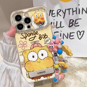 Sarung Telefon Sponge Bob + Pemegang + Lanyard untuk iPhone 11 16 15 14 13 12 Pro Xs Max XR X 6 6s 7 8 Plus Sarung Sarung Telefon Kalis Kejutan Penutup Belakang Pelindung