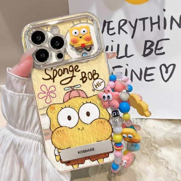 Sarung Telefon Sponge Bob + Pemegang + Lanyard untuk iPhone 11 16 15 14 13 12 Pro Xs Max XR X 6 6s 7 8 Plus Sarung Sarung Telefon Kalis Kejutan Penutup Belakang Pelindung