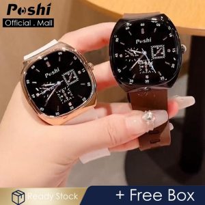 Jam Tangan Persegi Fesyen, POSHI, Untuk Wanita, Kalis Air, Tali Silikon, Pergerakan Kuarza, Gaya Kasual, Dengan Kotak, Penghantaran Percuma Watches