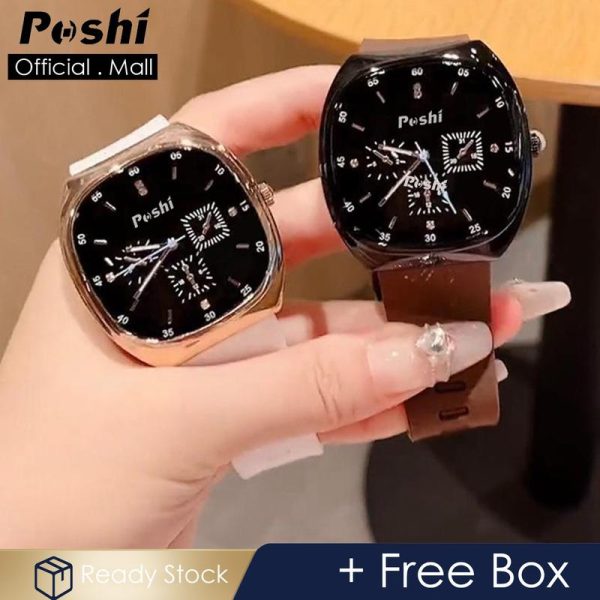 Jam Tangan Persegi Fesyen, POSHI, Untuk Wanita, Kalis Air, Tali Silikon, Pergerakan Kuarza, Gaya Kasual, Dengan Kotak, Penghantaran Percuma Watches
