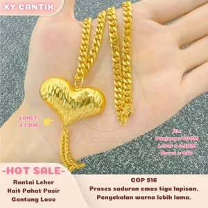 Rantai Leher Kait Pahat Pasir Gantung Love COP916 - Panjang 60CM Lebar 0.5CM Berat 43G - Barang kemas bersalut emas asli - Tahan lasak - Hypoallergenic - XYCANTIK