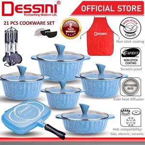 DESSINI ITALY Granite Aluminium Non Stick Casserole Pot Bowl Deep Fry Pan Cookware Tool Periuk (21 Pcs)