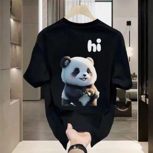 Kemeja lengan pendek kapas dengan leher bulat untuk lelaki, baju longgar gaya Hong Kong Neutral, cetakan kambing yang bagus, Kawalan pasangan, Musim panas