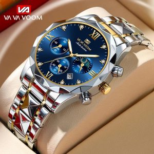 VA VA VOOM Jam Tangan Lelaki Kuarza Original - Tali Keluli 316L Tahan Karat & Berlian Asli | Kalendar Berganda, 30M Waterproof | Diskaun 60% + Free Kotak Hadiah Premium watches