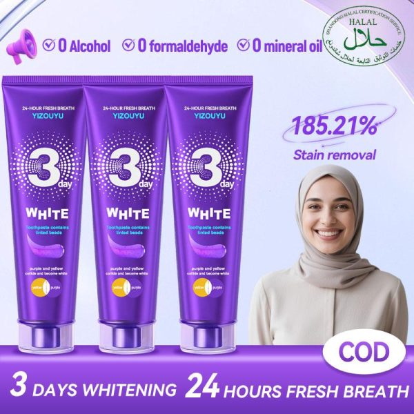 Ubat Gigi, Dekontaminasi dan Kekuningan Ubat Gigi, Pemutihan Saintifik, Jenama YIZOUYU, Pembetulan Warna Optik, Manik Pecah Ungu, 100g, Mengurangkan Nafas Berbau, Menyegarkan Nafas, Tahan 24 Jam, Perisa Buah Manis, 3 Keping